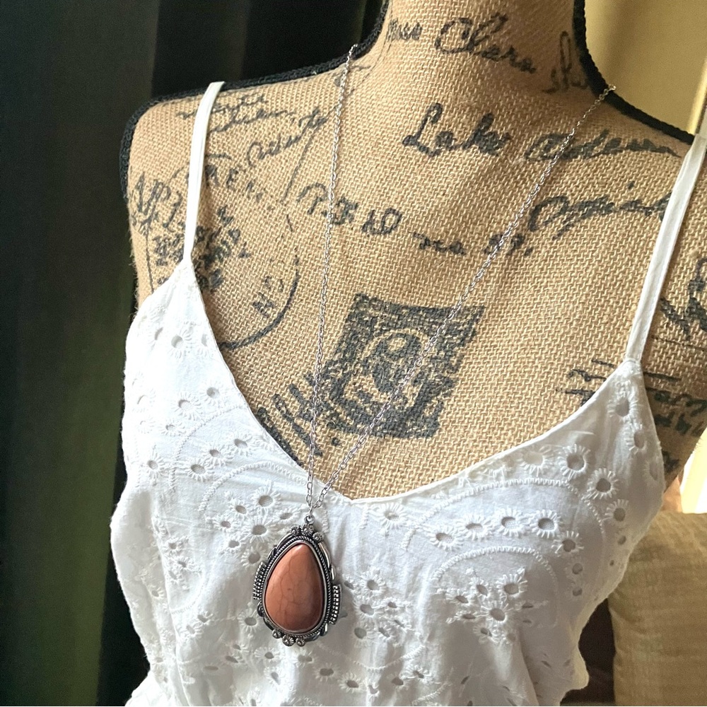 Neutral brown stone necklace with silver chain